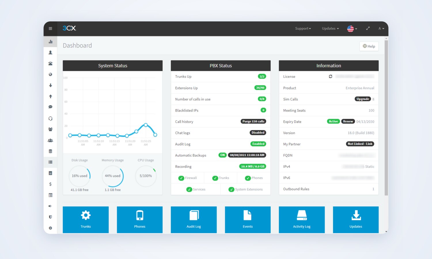 The 3CX management console, the side of the system we operate
